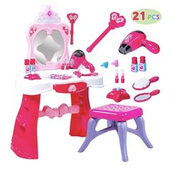 Toddler Fantasy Vanity Beauty Dresser Table Play Set with Lights, Sounds, Chair, Fashion & Makeup Accessories for Kid and Pretend, Toy for 3,4,5 yrs K