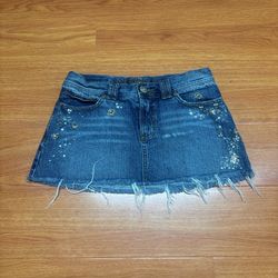 Vintage Y2K Rhinestone Floral Jean Mini Skirt  Size S 