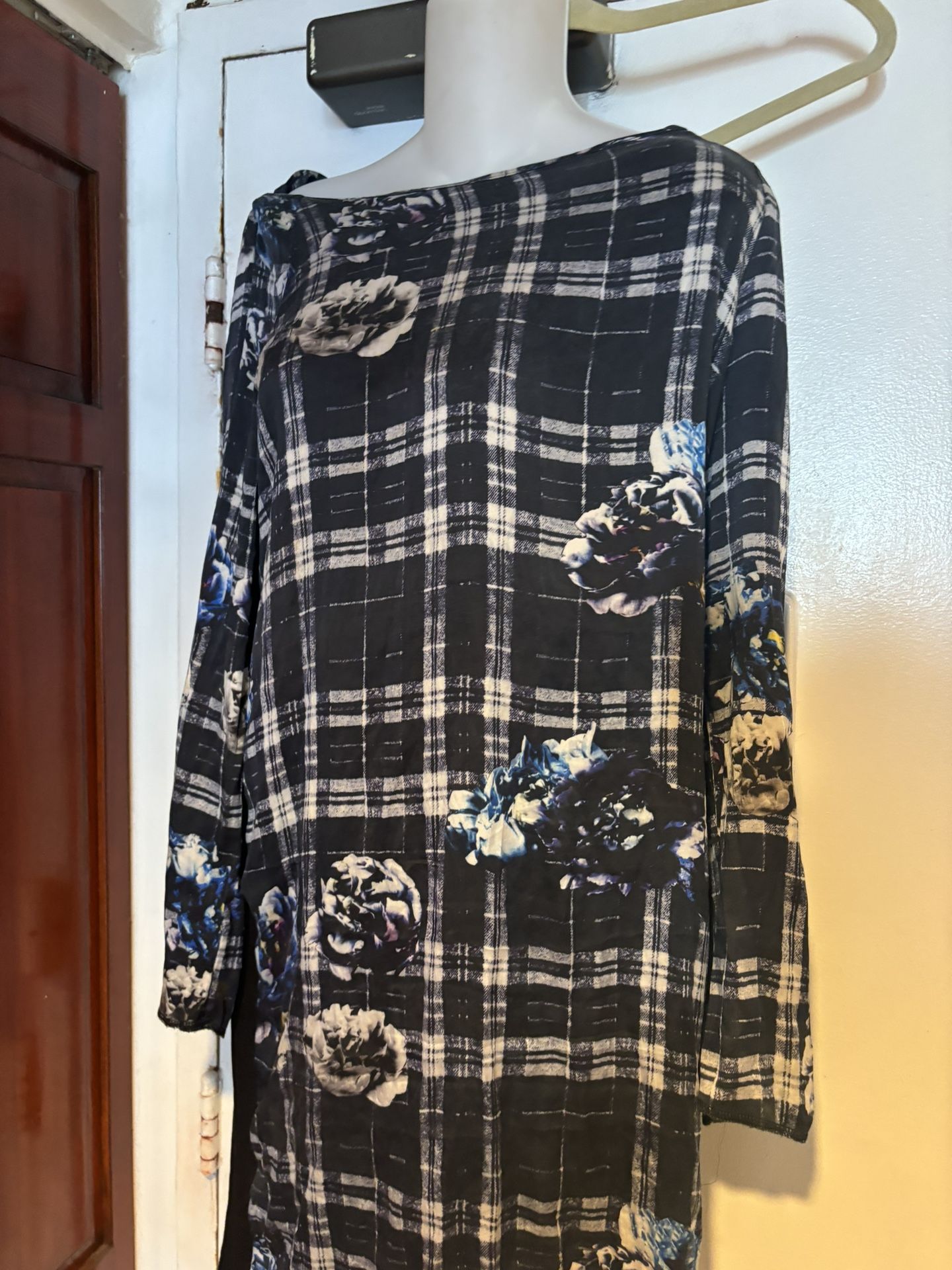 0% Lino floral plaid Shirt Dress long sleeve classy striped box square design