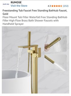 Freestanding Tub Faucet Free Standing Bathtub Faucet, Gold Floor Mount Tub Filler Waterfall Free Standing Bathtub Filler High Flow Brass Bath Shower F