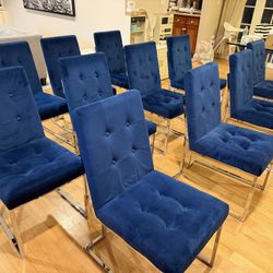 11 Blue Velvet Tufted Upholstered Metal Dining Chairs