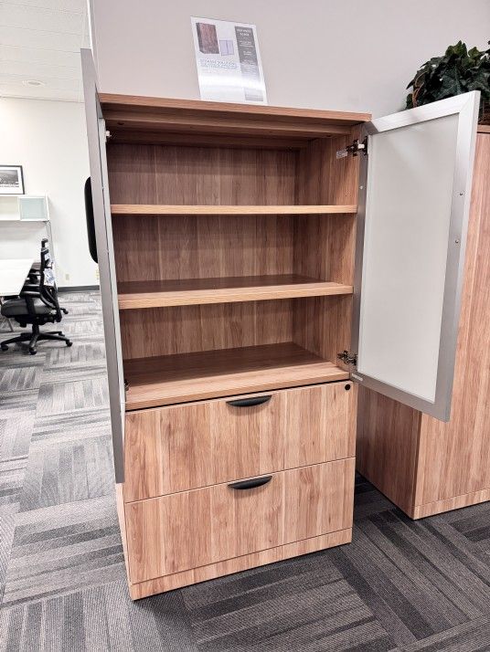 New - Storage Cabinet With Built-in Lateral File Drawers & Glass Doors