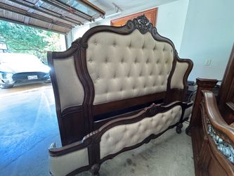 Ornate Carved King Bed Frame, Tufted Linen Headboard & Footboard, Dark Walnut ( rails and slats included)