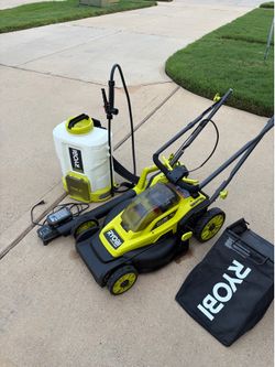 RYOBI BUNDLE LAWN MOWER,BLOWER,BACK PACK SPRAYER
