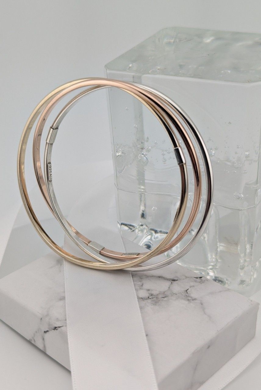 Vintage 14K Tri-color Gold Filled Over 925 Sterling Silver 3 Roller Interlocking Bracelet 🧡💛🤍👌