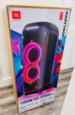 New JBL PartyBox Ultimate is a high-power portable speaker with 1100W output power. This black speaker has built-in Wi-Fi and Bluetooth connectivity. 