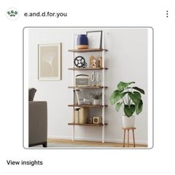 5-Shelf Wood Modern Bookcase, Open Wall Mount Ladder Bookshelf with Industrial Metal Frame, Light Brown Oak/White