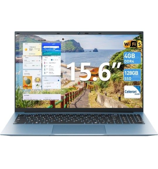 Laptop 15.6 Inch Laptops Computer, Celeron N4000 Processor, Windows 11, 4GB RAM 128GB SSD, BT5.0, HDMI, Webcam, 7000mah Battery, 180° Viewing, 2.4/5G