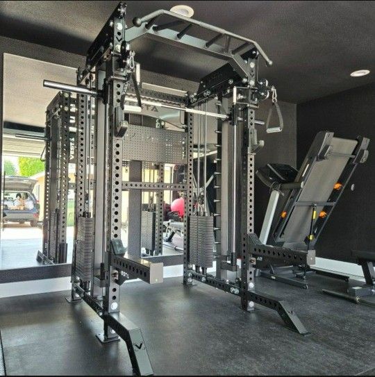 NEW Squat Rack Smith Machine Functional Trainer Cable Cross Over Adjustable Bench Press 45lb Barbell Bumper Plates Home Gym