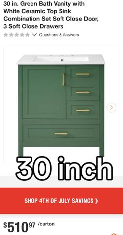 30 in. Green Bath Vanity with White Ceramic Top Sink Combination Set Soft Close Door, 3 Soft Close Drawers