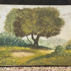 Antique c1940s Meadow Landscape Oil Painting with Tree signed "ViJean" #2