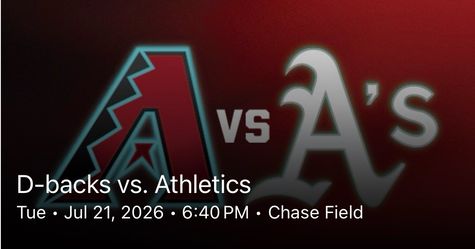 2 tickets Dbacks vs A’s with parking pass