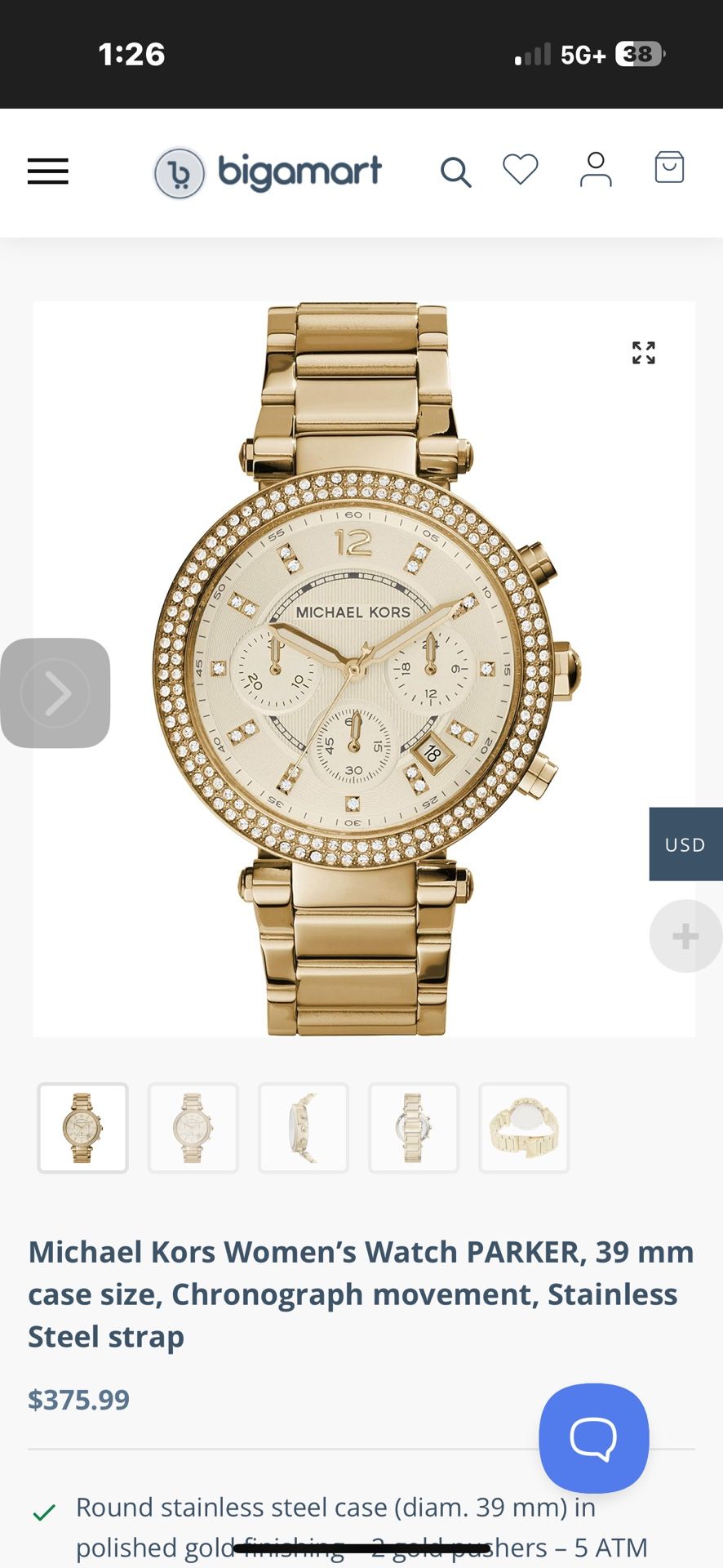 New Michael Kors Women’s Watch PARKER, 39 mm case size, Chronograph movement, Stainless Steel strap