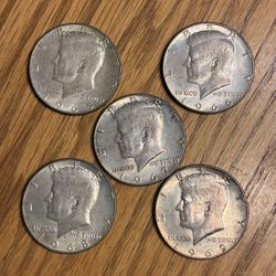 Five Different Kennedy Half Dollars.  40% Silver 