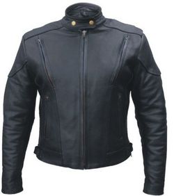 Ladies Leather Vented Biker Jacket, Euro Collar Black Size L