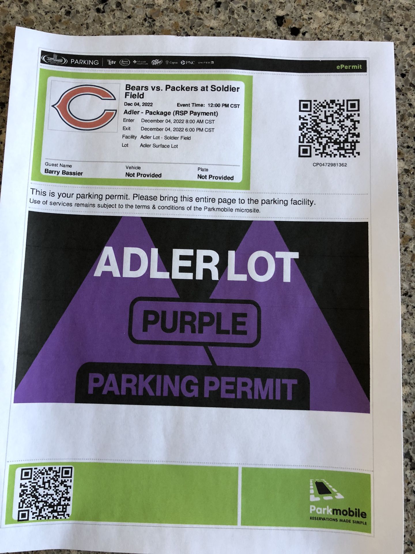 Chicago Bears Parking Pass For Green Bay Packers Game