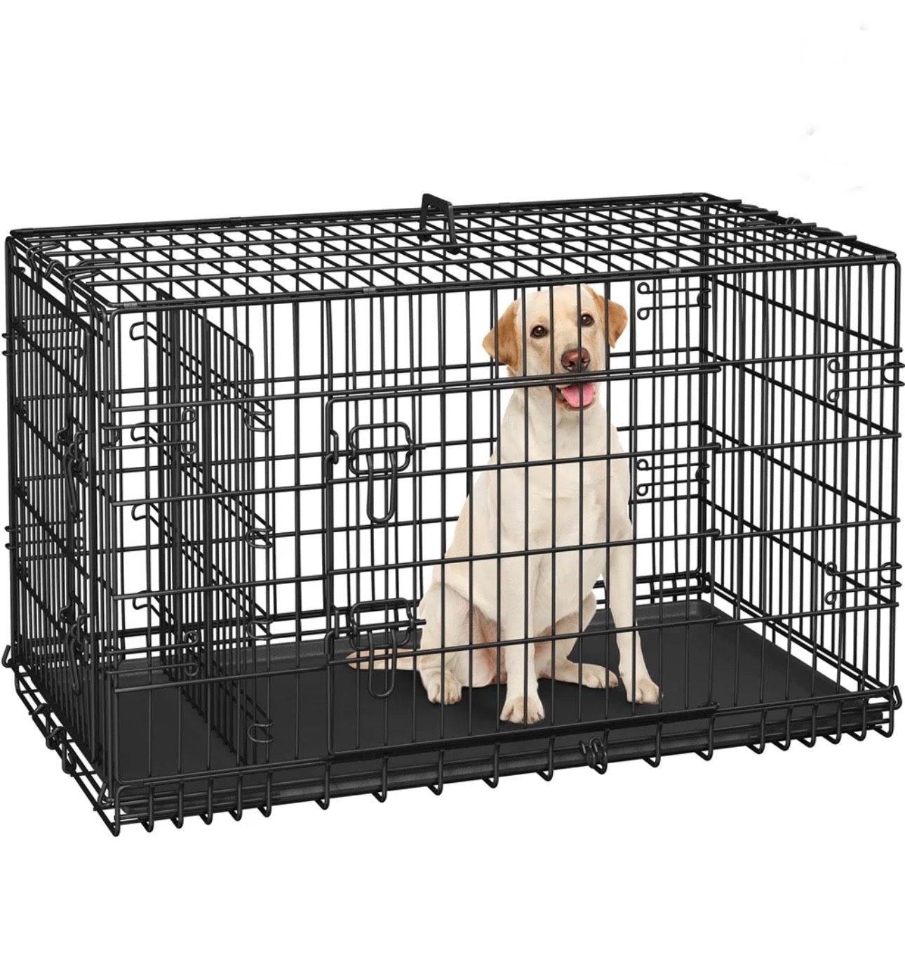42.1" Folding Metal Wire Dog Crate with 2 Doors and Pullout Tray, Black