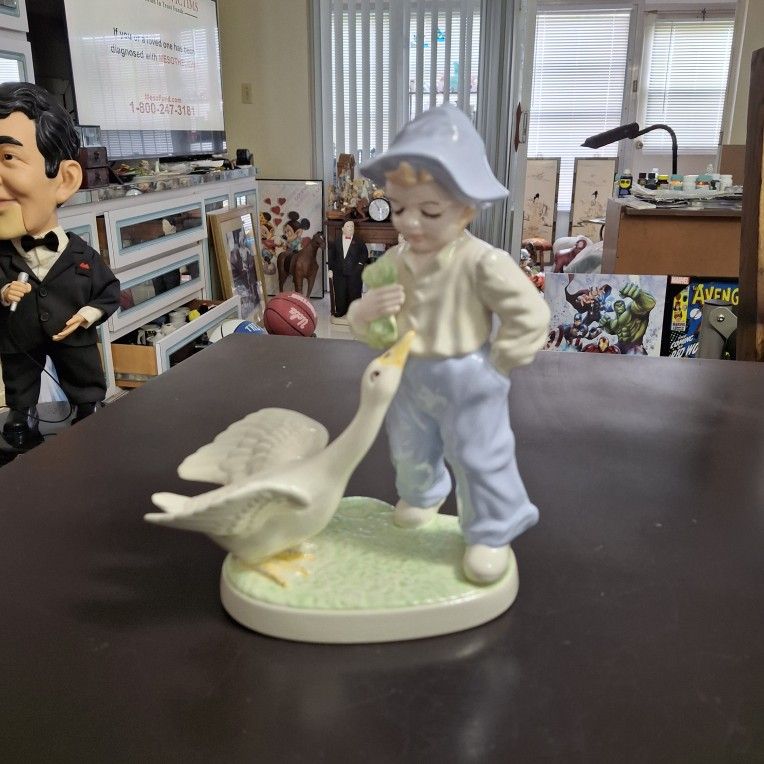 Porcelain Holland Mold Of A Boy And A Goose - Hand-painted 50 Years Ago In 1975 Etched On Bottom 9"H X 7"W