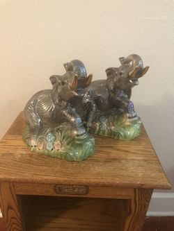 Vintage Set Of 2 Chinese Elephant Ceramic Pottery Figure Statue Art