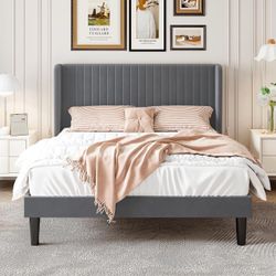 Queen Size Velvet Bed Frame, Tufted Wingback Headboard, Grey 47'' Modern Vertical Channel Headboard, Upholstered Platform Bed, Wood Slats, No Box Spri