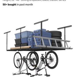 FLEXIMOUNTS 4x8 Overhead Garage Storage Rack w/Hooks Adjustable Ceiling Storage Rack, 96" Length x 48" Width x 40" Height, 22''-40" Ceiling Dropdown, 