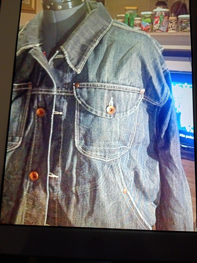 MARC ECKO JACKET TRUCKER BIKE BLUE DENIM DARK WASH BUTTON FRONT MENS  XL