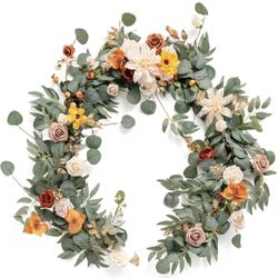 Ling's Moment Fall Flower Garland - 6FT Eucalyptus & Rose - Sweetheart Table Decor for Wedding Reception, Artificial Floral Garland for Mantle, Thanks