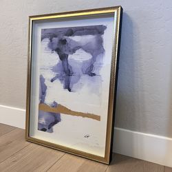 30x22 Glass Matte Gold/Black Framed Navy Blue/White/Gold Watercolor Artwork