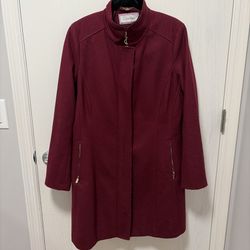 Calvin Klein Women's Wine Red Stand-Collar Wool Blend Pea Coat