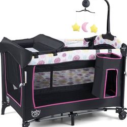 in 1 Pink Pack and Play, Baby Bedside Sleeper with Bassinet, 3 Adjustable Heights, Music Box, Easy to Install, Foldable Bedside Crib w/Changing Table,