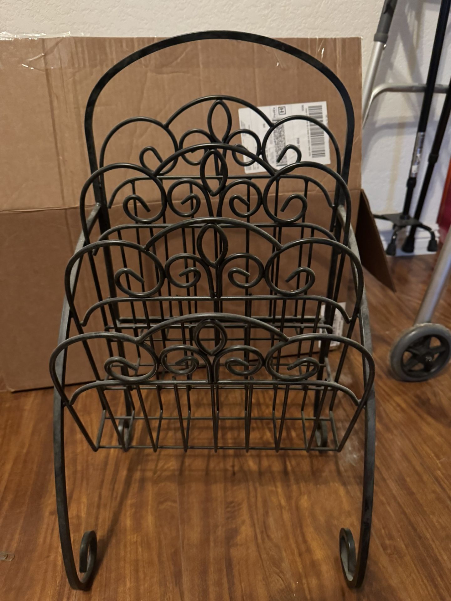 1970 Vintage Scrolled Black Wrought Iron 3 Tier Books / Magazine Rack