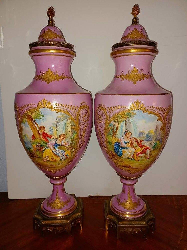 A Pair Of Bronze And Porcelain Sevres Style Rose Pompadour Colors Vases ,Hand Painted 24 'Tall