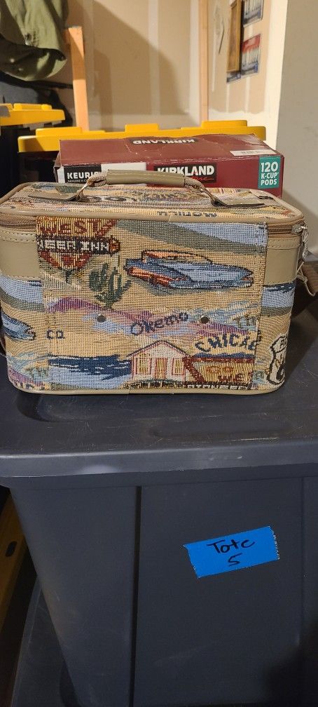 Vintage Route 66 Tapestry Travel Makeup Hard Case w/strap Pioneer Express EUC