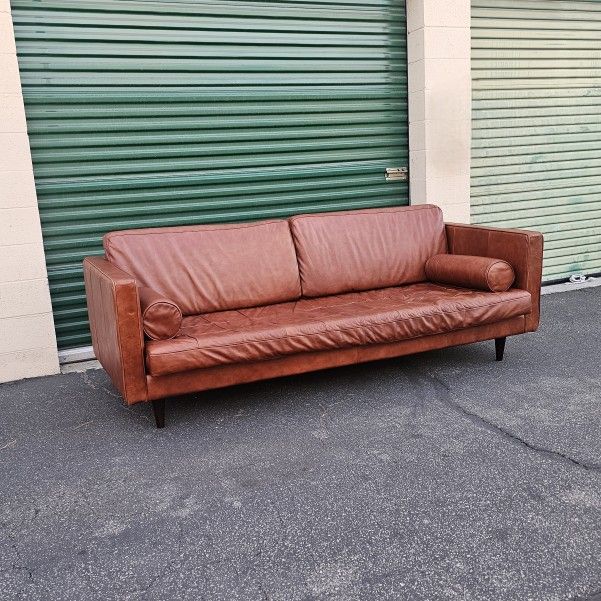 Joybird Briar Brown Leather Sofa Couch Mid Century Style Modern