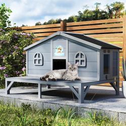 Wooden Cat Enclosure with Large Platform and Waterproof Roof Cat House, NEW