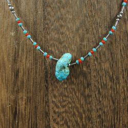 16" Sterling Silver Tarnished Turquoise Stone Native Necklace Vintage