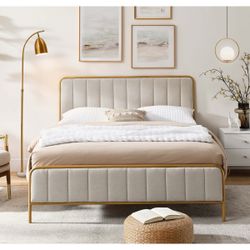 HITHOS Queen Size Bed Frame with Button Tufted Headboard, Upholstered Heavy Duty Metal Mattress Foundation with Wooden Slats, Easy Assembly, No Box Sp