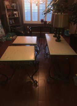 1 sofa table & 2 end tables, tabletops are faux -painted wood