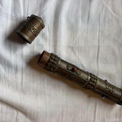 9.5" Ancient Tibet Tibetan Copper inlay Gem Temple Buddha Words Incense tube