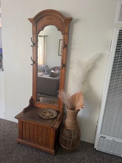Oak Hall Tree with Mirror and Storage Bench