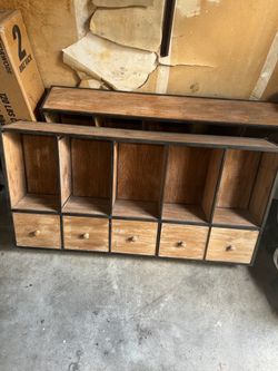 Two Industrial Wood and Metal Cubby Storage Unit