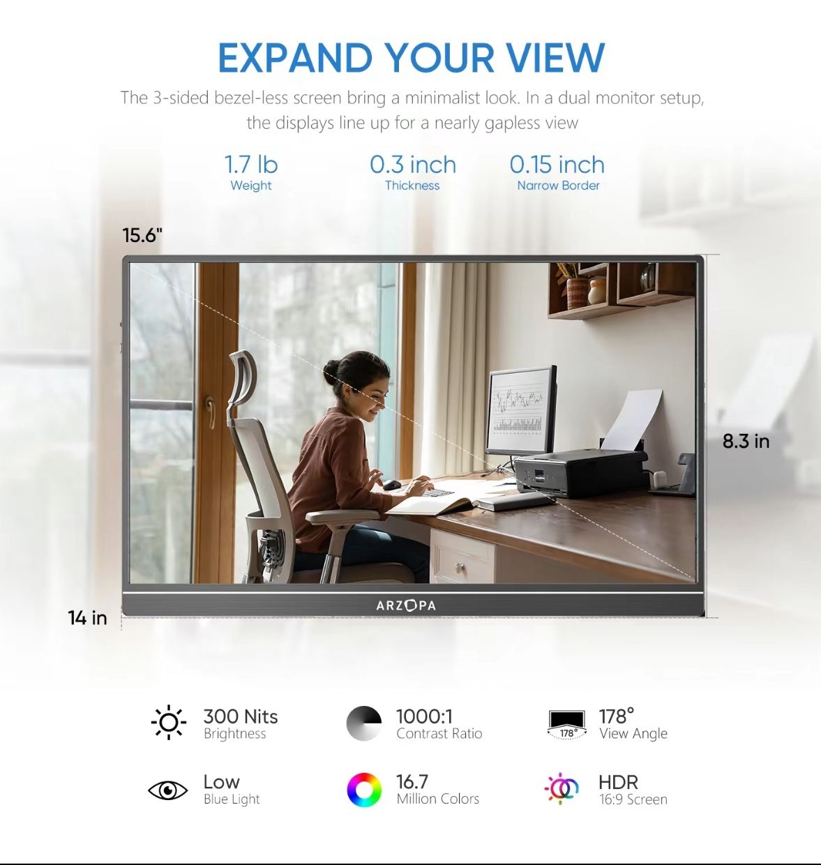 ARZOPA Portable Monitor 17.3 in FHD 1080P Portable Laptop Monitor for PC, Mac, Xbox, Switch, PS5, iPhone15 IPS Display Computer Display HDR External S