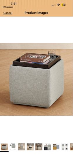 Levi Storage Ottoman with Reversible Tray, Modern Square Chest Coffee Table, Upholstered Cube Sitting Foot Stools Ottoman for Living Room, Bedroom, En
