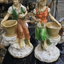 2 Vintage Garden Statues Bird Feeders Indoor Outdoor 