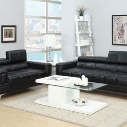 Brand New Black Leather Modern Style Sofa And Love Seat 