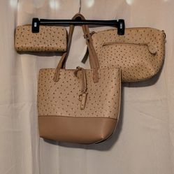 Coral Bay Three In One Elegant Tan Tote Bag Hand Purse Wallet Set 