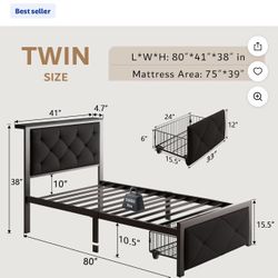 Twin Bed Frame w/ Storage Drawers + Charging Station – Upholstered Headboard