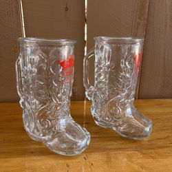 Vintage Set Of 2 Bill Johnson Glass Cowboy Boot Mugs 