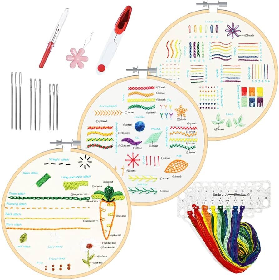 Embroidery Kit for Beginners Beginner Embroidery Stitch Practice Kit Include Embroidery Cloth with Pattern Instructions Embroidery Hoops Threads and T