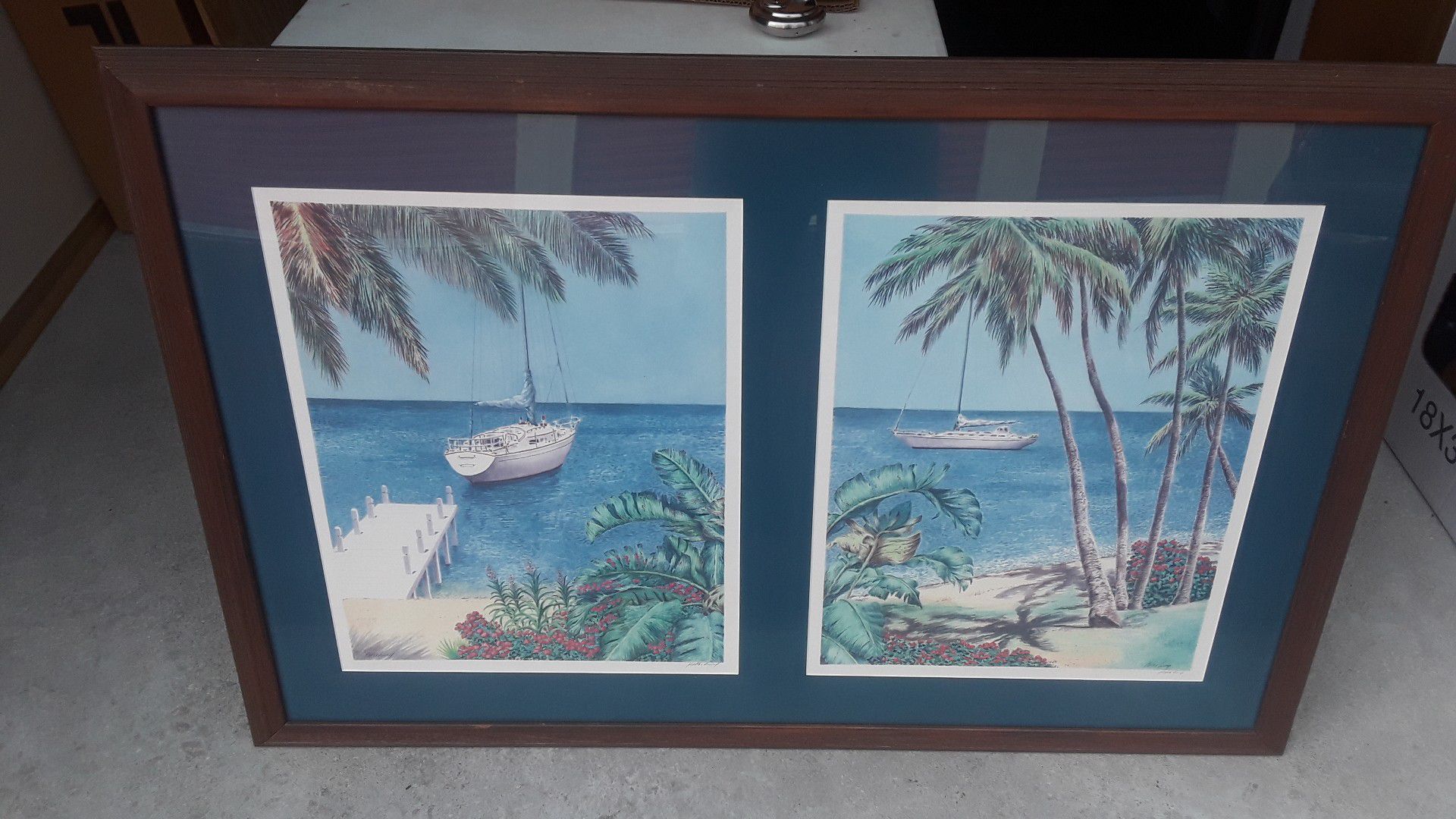Sailboat beach scenes. Framed and matted artwork.